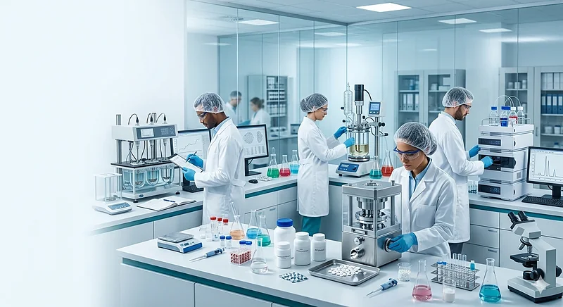 Illustrative students in a pharmaceutical laboratory